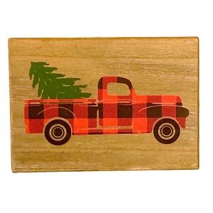Red & Black Buffalo Check Truck with Xmas Tree Wood Block Wall or Table Decor